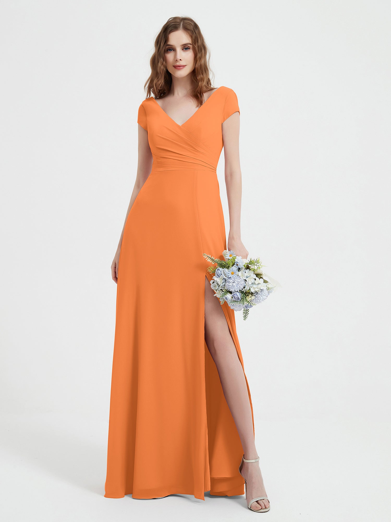 A-line V-neck Chiffon Ruched Floor-length Dress Orange